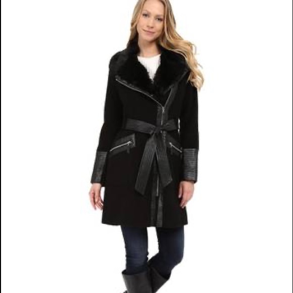 'Kate & Mallory' Faux Fur/ Leather Trim Coat (Plus) - Picture 1 of 10